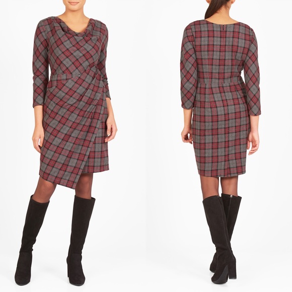 eshakti Dresses & Skirts - Eshakti Asymmetric Hem Cotton Plaid Sheath Dress